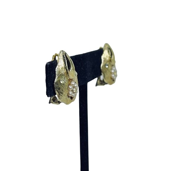 Gold Tone, Faux Pearl & Rhinestone Statement Necklace W/ Clip On Earrings (5727) - Picture 8 of 9